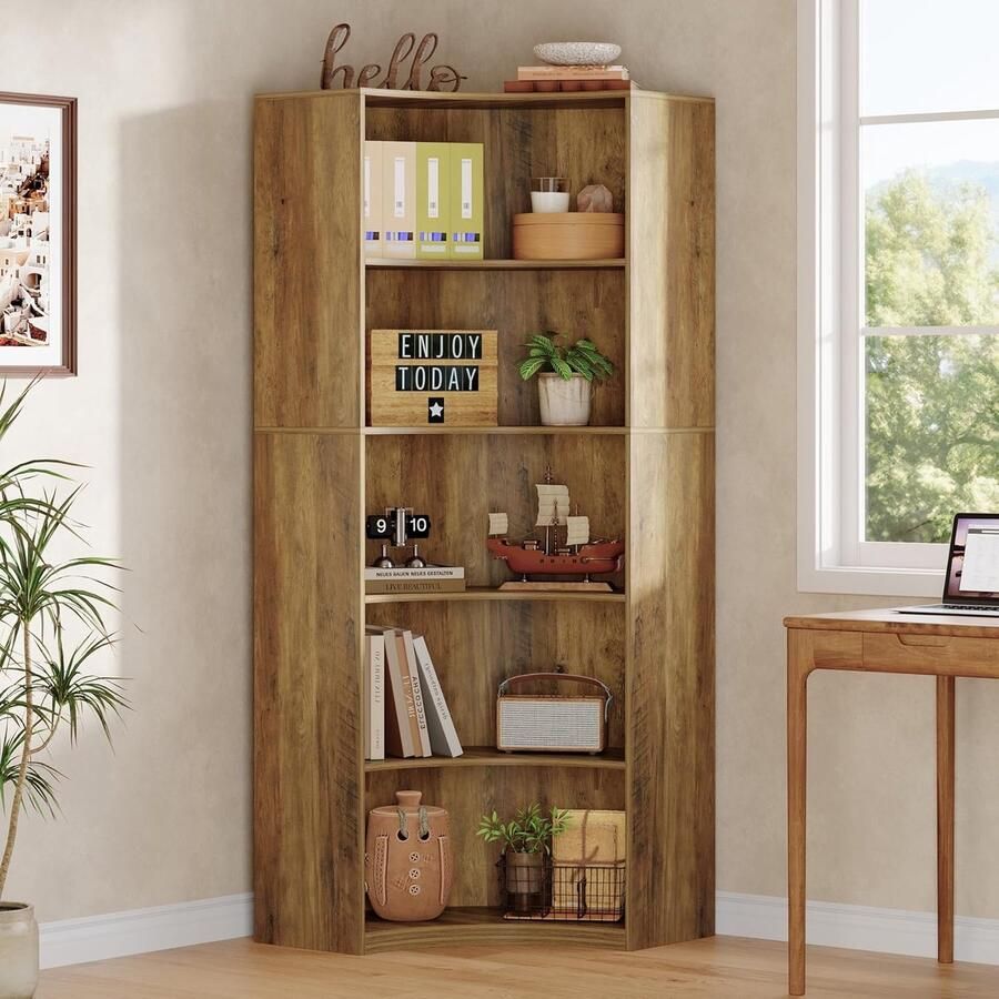 Tribesigns Boekenrek met 6 planken Hoek Boekenkast Industrieel Kasten 70 x 70 x 180 cm Bruin