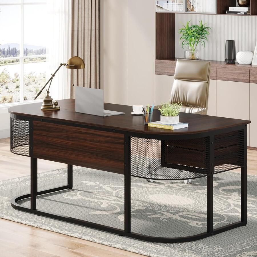 Tribesigns Bureau 160 x 80 x 75 cm Bureau Computer met 4 lades Industrieel Donkere walnoot