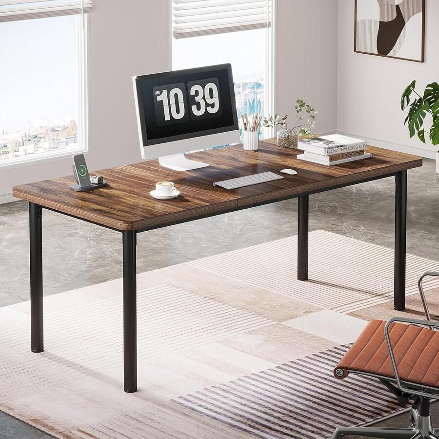 Tribesigns Bureau Boerderij Bureau met Metalen Frame Computerbureau Computer Tafel Bureautafel Bruin zwart 180 x 80 x 77 cm