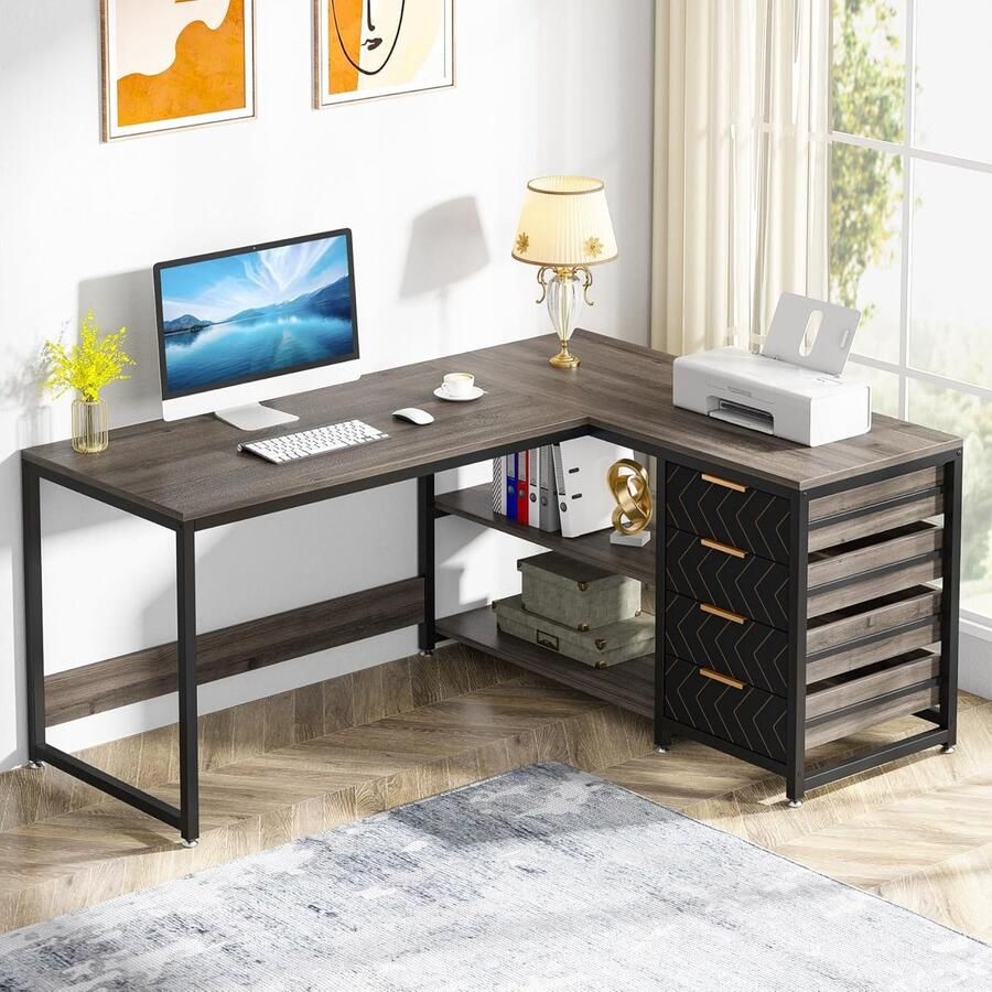 Tribesigns Bureau Computerbureau met 4 Laden L-Vormig Computertafel 2 Planken- Bureautafel voor Kantoor Studeerkamer Woonkamer 150×110×75 cm Grijs