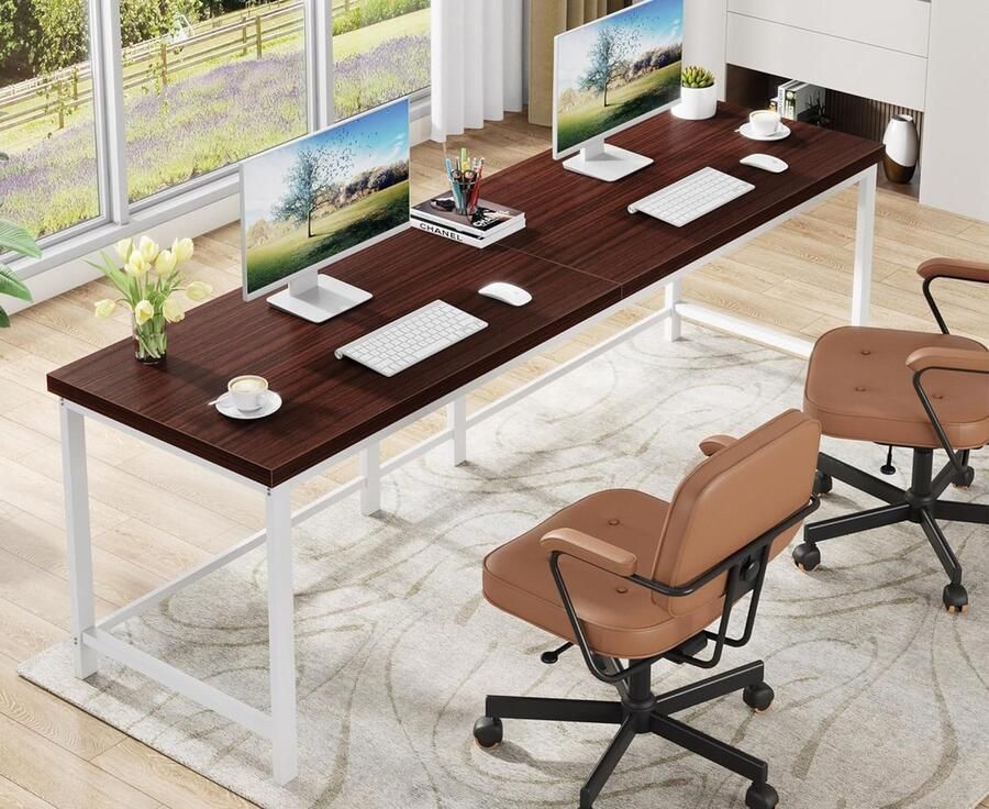 Tribesigns Bureau Dubbel Lang Bureau Computerbureau Computer Tafel Bureautafel Bruin Wit 200 x 60 x 75 cm