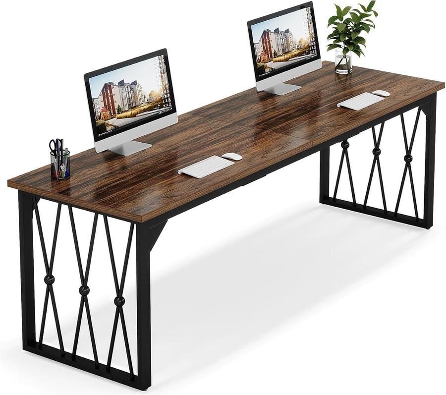 Tribesigns Bureau Dubbel Lang Bureau Computerbureau Computertafel Bureautafel Bruin Zwart 180 x 70 x 75 cm
