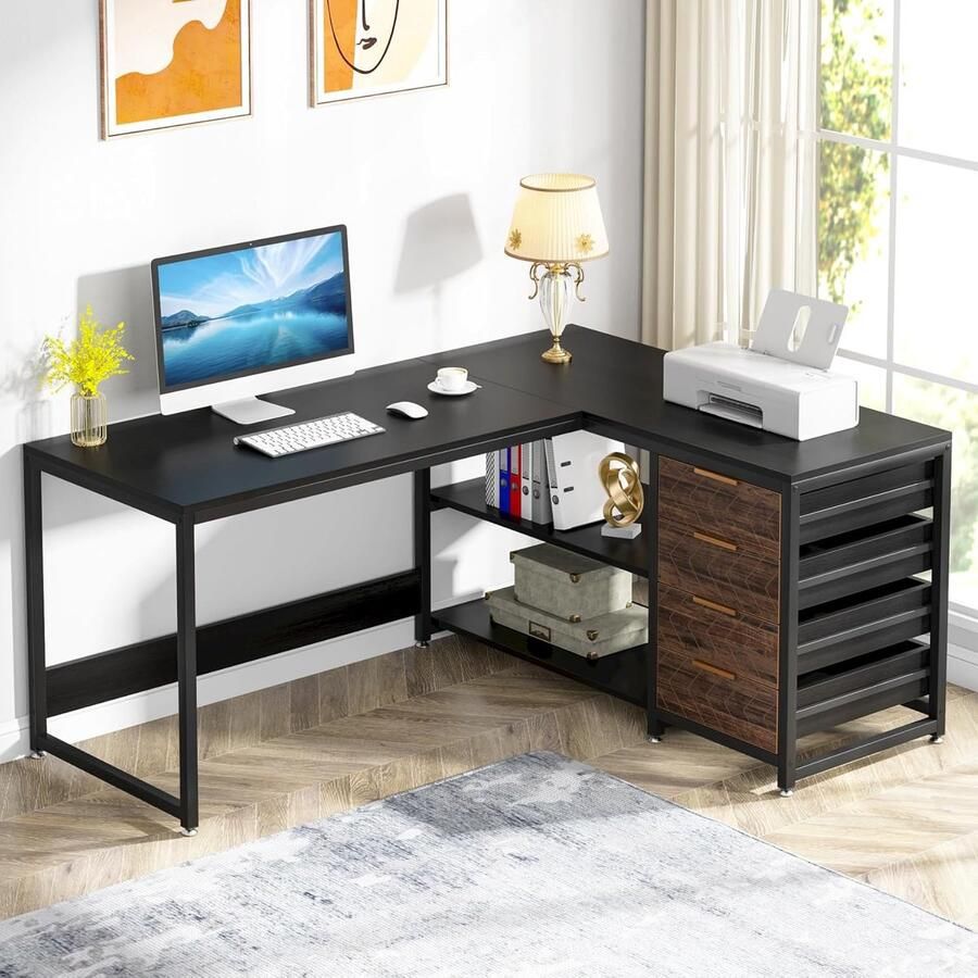 Tribesigns Bureau Hoekbureau met 4 Laden 150 x 110 x 75cm Zwart Bureau met Legplanken
