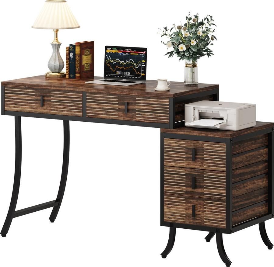 Tribesigns Bureau met 5 Schakelbare Ladekast- Computerbureau Computer Tafel Bureautafel Bruin 130 x 45 x 82cm