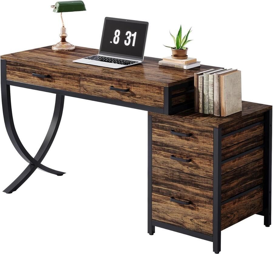 Tribesigns Bureau met 5 Schakelbare Ladekast- Computerbureau Computer Tafel Bureautafel Bruin 130 x 45 x 78 cm