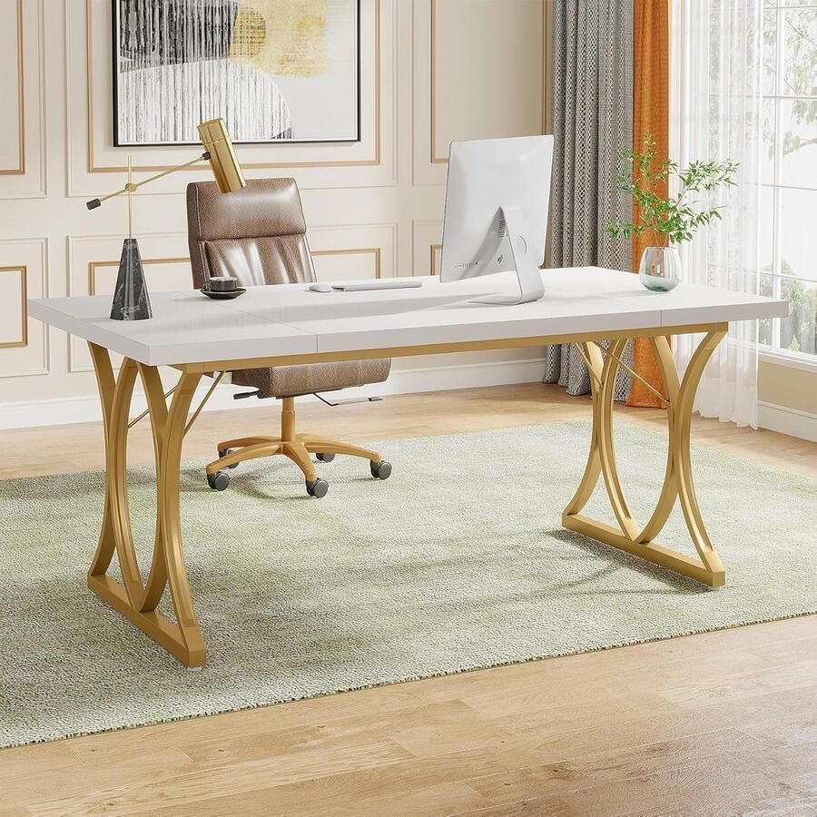 Tribesigns Bureau Modern Bureau met Gouden Metalen Frame Computerbureau Computer Tafel Bureautafel Wit Goud 159 x 79 x 78 cm