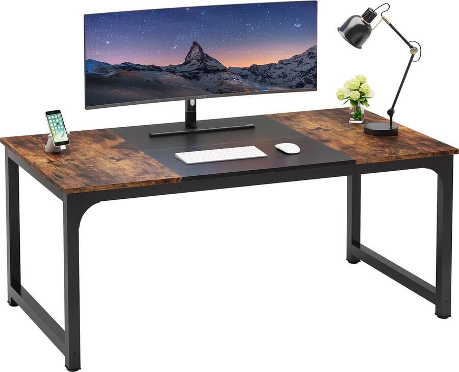 Tribesigns Computertafel Bureau Met Dikker Frame Industrieel Vintage Bruin Zwart 180 x 80 x 75 cm