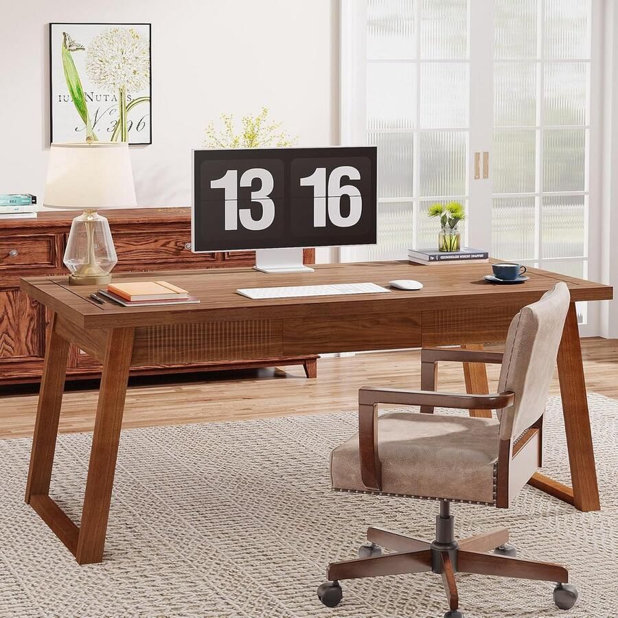 Tribesigns Computertafel Bureau Met Lade Industrieel Vintage Walnoot Bruin 140 x 70 x 76 cm