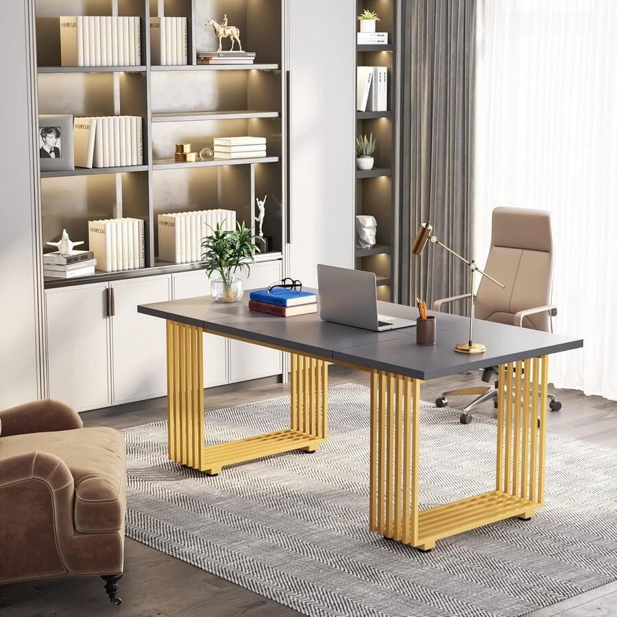 Tribesigns Computertafel Bureau voor Thuiskantoor Met Gouden Poten Modern Goud en Grijs 180 x 79 x 79 cm