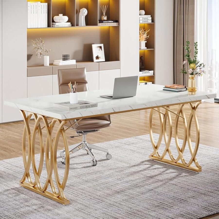 Tribesigns Computertafel Bureau voor Thuiskantoor Met Gouden Poten Modern Goud en Wit 160 x 80 x 75 cm