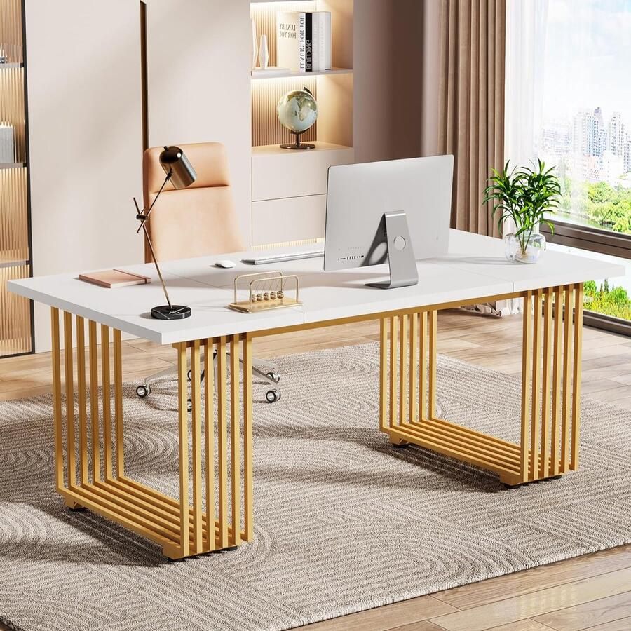 Tribesigns Computertafel Bureau voor Thuiskantoor Met Gouden Poten Modern Goud en Wit 180 x 79 x 79 cm