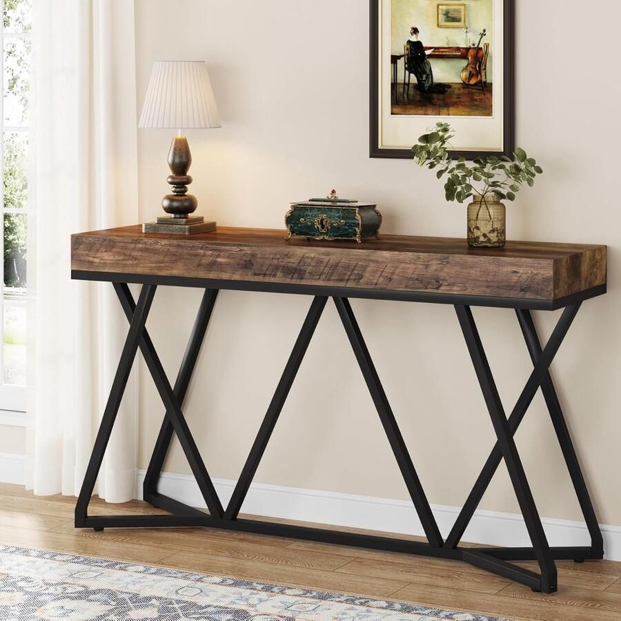 Tribesigns Console Tafel Bijzettafel Sidetable Industrieel met unieke metalen basis Bruin 140 x 30 x 90 cm