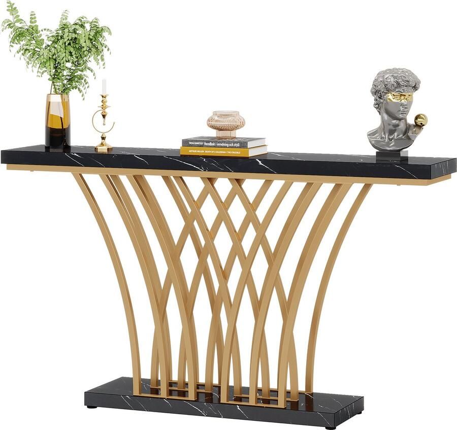 Tribesigns Console Tafel Bijzettafel Sidetable Morden met Metalen Basis in Roostervorm Metalen Frame Zwart Goud 150 x 30 x 80 cm
