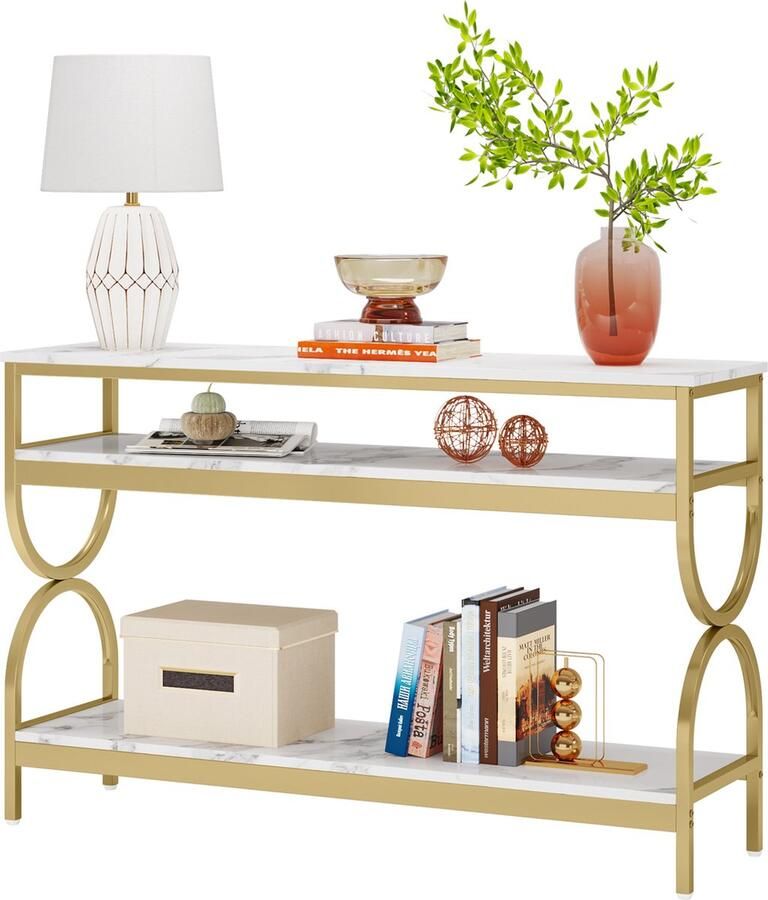 Tribesigns Console Tafel Bijzettafel Sidetable Morden met Metalen Frame Wit en Goud 140 x 35 x 90 cm