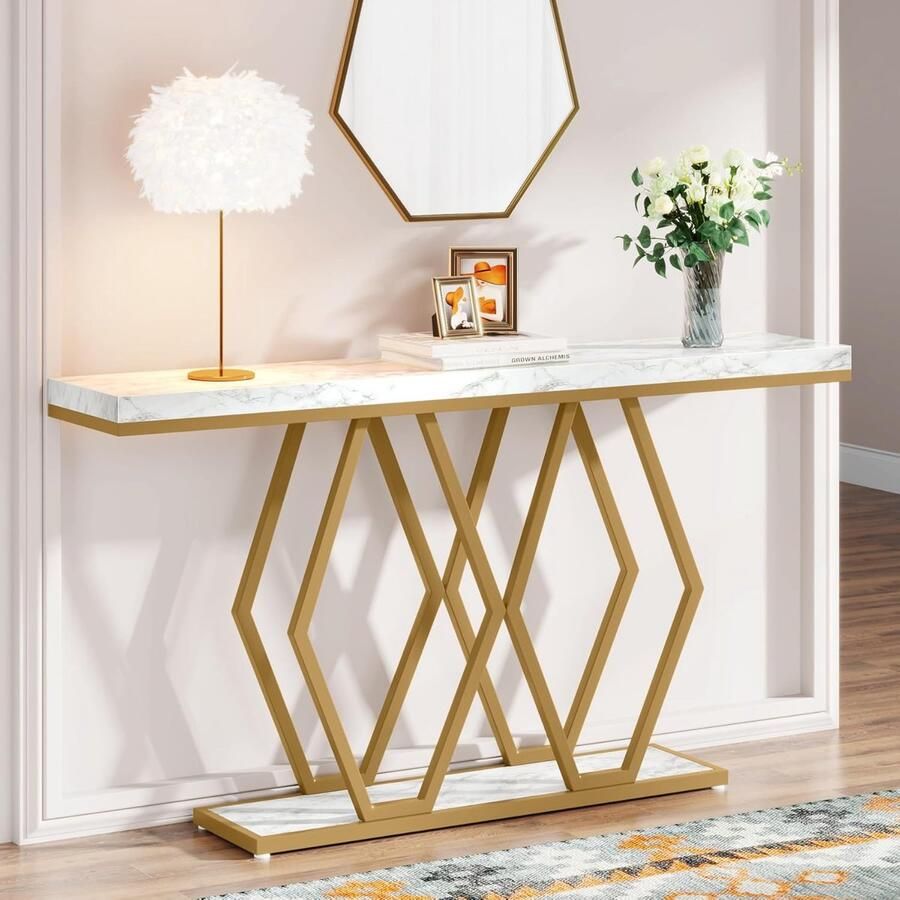 Tribesigns Console Tafel Bijzettafel Sidetable Morden met Metalen Frame Wit en Goud 140 x 30 x 90 cm