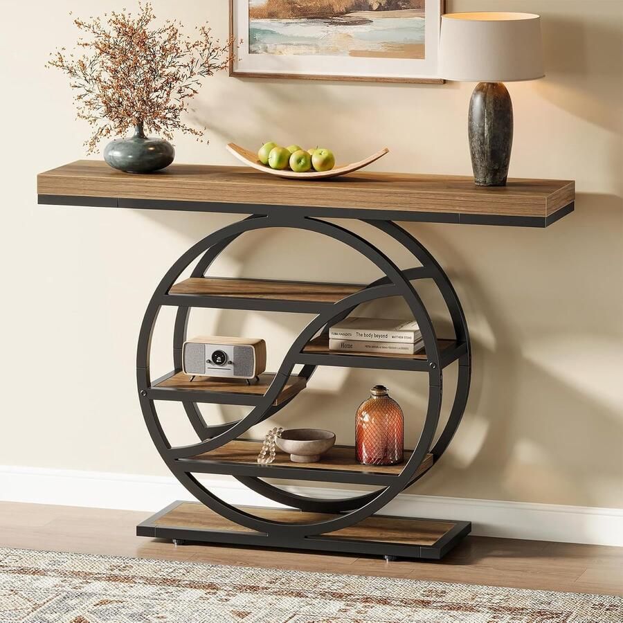 Tribesigns Consoletafe industriële 5 Vaks Sidetable Bruin 120 x 30 x 88 cm Smalle Houten Accent Tafels met Opbergplanken voor Hal Woonkamer Entree Foyer