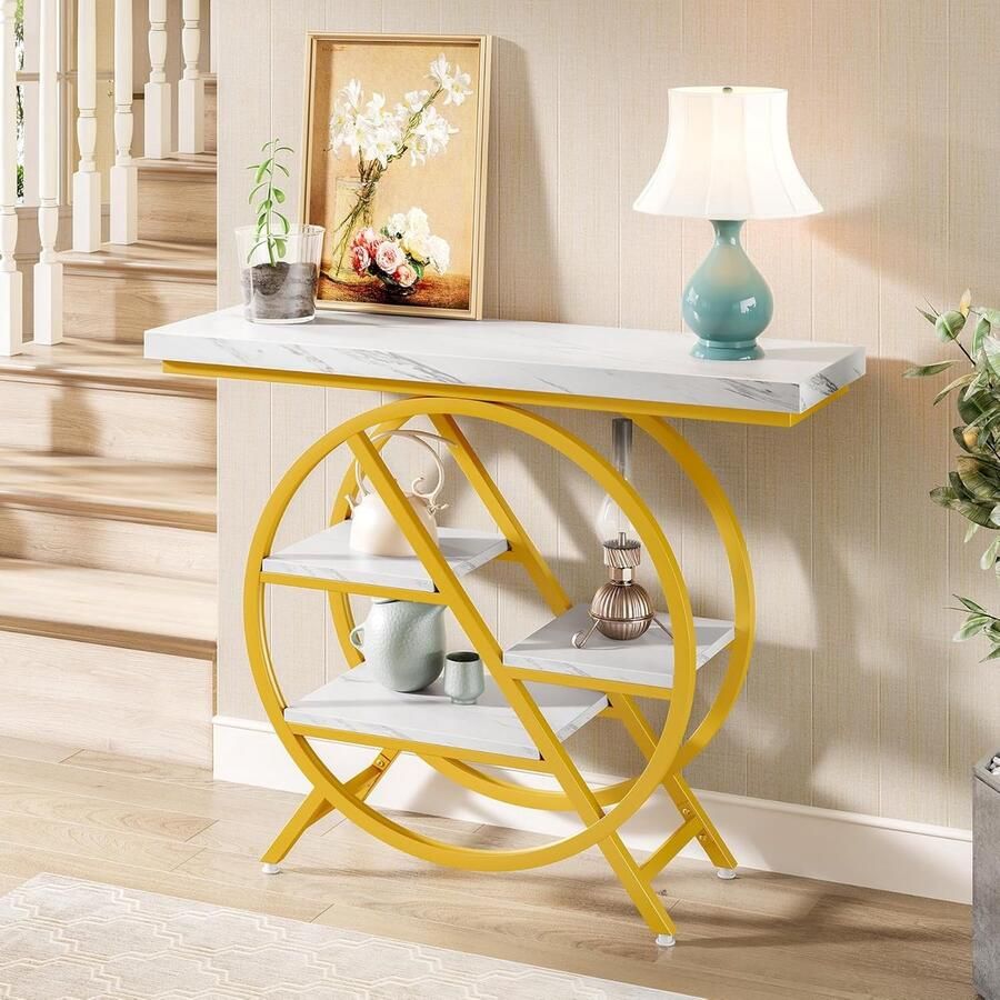 Tribesigns Consoletafe Sidetable met Geometrisch Metalen Frame Witgoud 100 x 30 x 81 cm Console Tafel voor Hal Woonkamer Entree Foyer