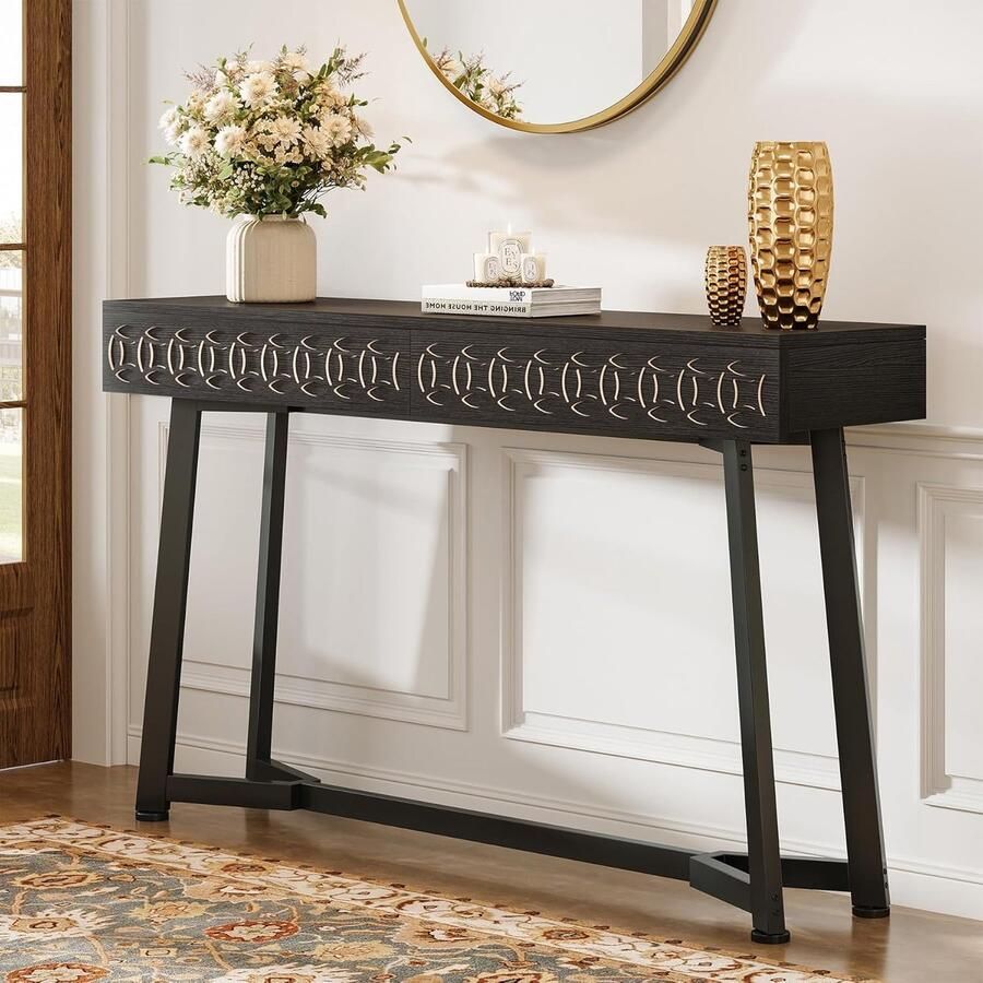 Tribesigns Consoletafel Haltafel met 2 lades 140 x 30 x 80 cm Console Tafel voor Hal Houten Bijzettafel voor Hal Woonkamer Entree Foyer Zwart