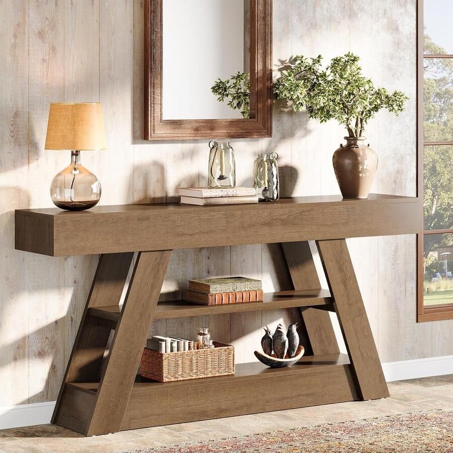 Tribesigns Consoletafel Sidetable 3 Laags Opbergruimte Bruin 160 x 85 x 35 cm Console Tafel voor Hal Woonkamer Entree