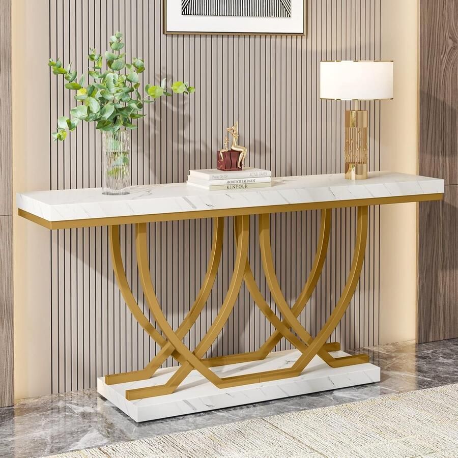 Tribesigns Consoletafel Sidetable Console Haltafel Metaal Vals Marmor Wit en Goud Modern 150 x 80 x 35 cm Console Tafel
