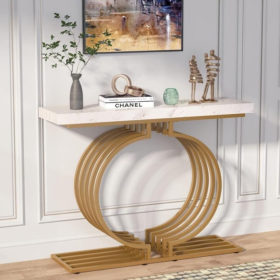 Tribesigns Consoletafel Sidetable Console Haltafel Metaal Vals Marmor Wit en Goud Modern 100 x 80 x 30 cm Console Tafel