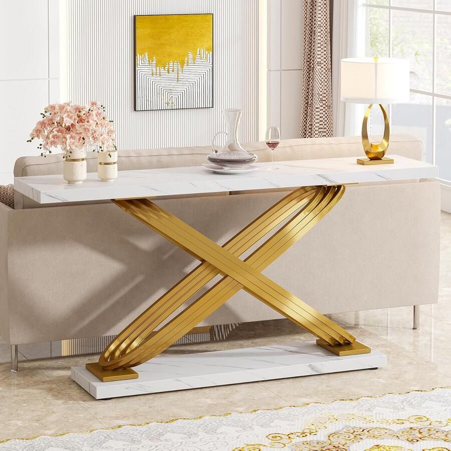 Tribesigns Consoletafel Sidetable Console Haltafel Metaal Vals Marmor Wit en Goud Modern 140 x 80 x 33 cm Console Tafel