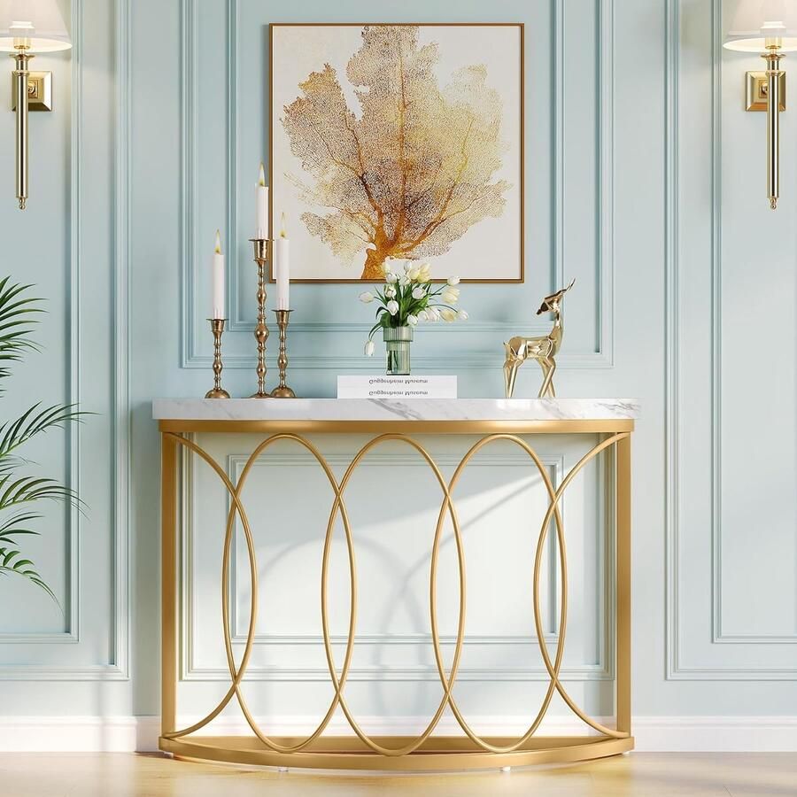 Tribesigns Consoletafel Sidetable Halfrond Haltafel Wandtafel 110x35x80 cm Goud Wit Metaal Kunstmarmer Modern Console Tafel