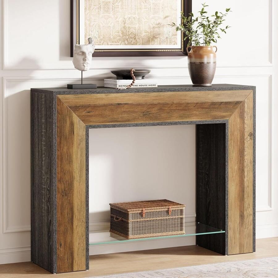 Tribesigns Consoletafel Sidetable Hout Bruin & Zwart Smalle Haltafel met Glazen Plank 105 x 30 x 85 cm Entree Tafel voor Foyer Entree Hal Achter Bank