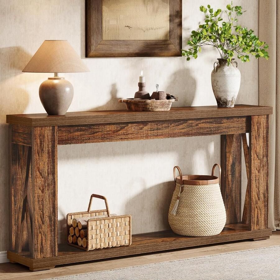 Tribesigns Consoletafel Sidetable Hout Rustiek Bruin 2 Tiers Lange Haltafel met Opbergruimte 160 x 30 x 80 cm Entree Tafel voor Foyer Entree Hal Achter Bank
