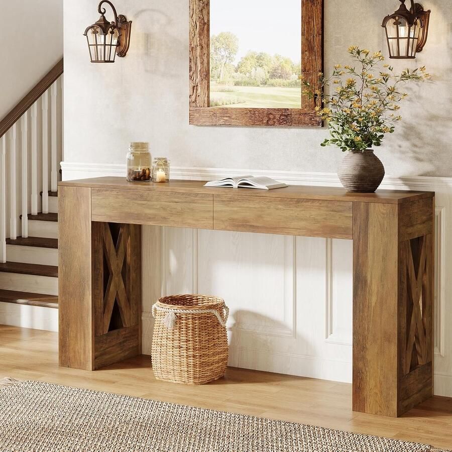 Tribesigns Consoletafel Sidetable met 2 lades en X-vormige poten Hout Bruin Industrieel 160 x 35 x 85 cm Console Tafel voor Hal Woonkamer Entree