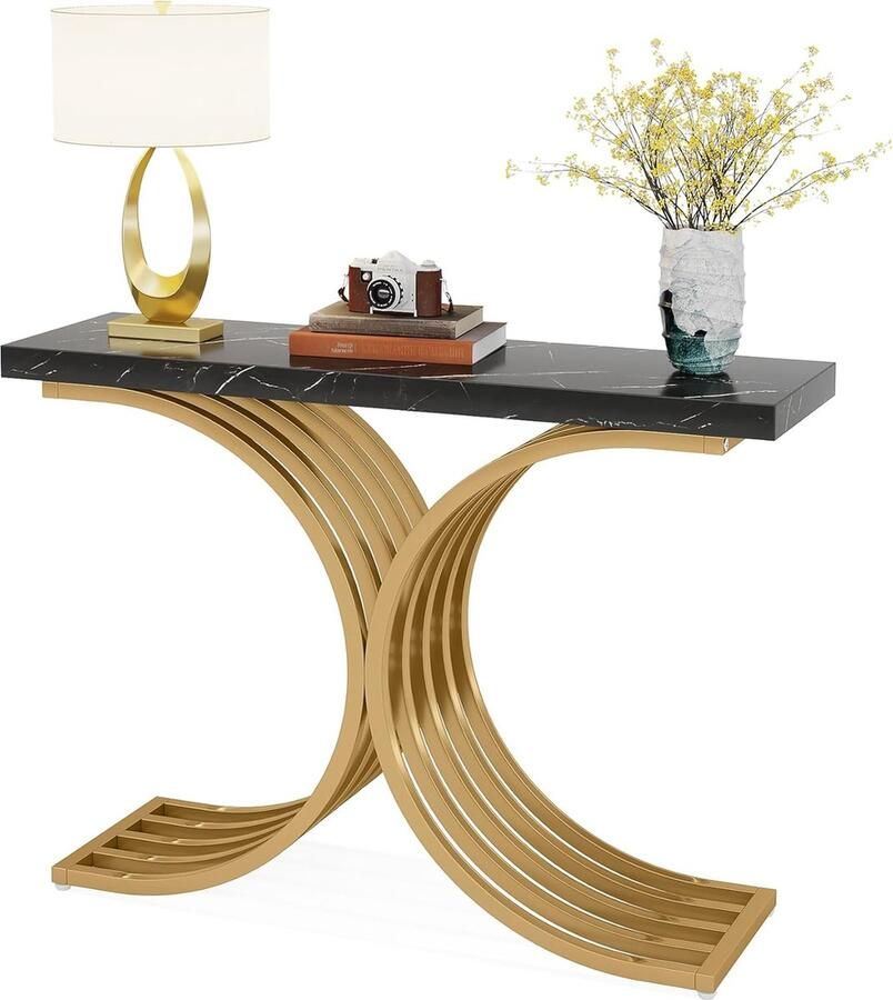 Tribesigns Consoletafel Sidetable met C-vormige gouden metalen poten Haltafel Wandtafel 100x30x80 cm Goud Zwart Metaal Hout Modern Console Tafel