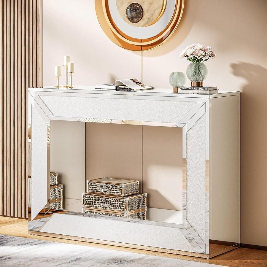 Tribesigns Consoletafel Sidetable Moderne Spiegel Haltafel met Opbergruimte 120 × 30 × 85 cm Console Tafel voor Hal Woonkamer Entree Zilver