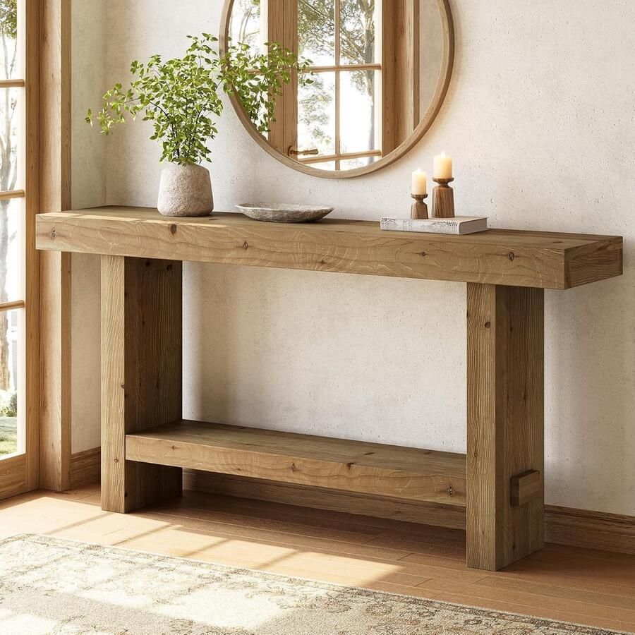 Tribesigns Consoletafel van Massief Hout Sidetable Hout Bruin Industrieel 160 x 30 x 80 cm 2 Laags Smalle Landelijke Woonkamertafel voor Entree Hal Woonkamer