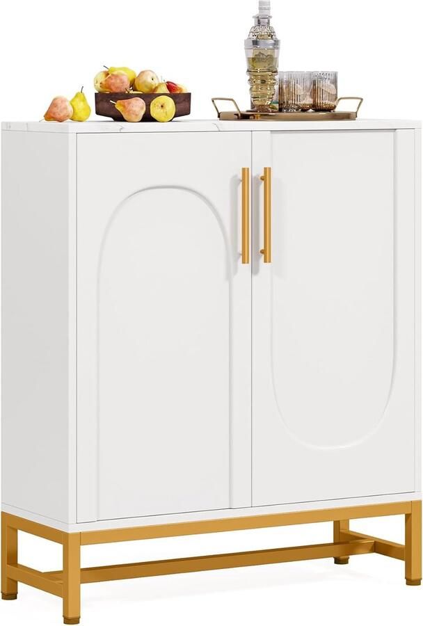 Tribesigns Kast Ladekast Buffetkast Commode met 4 deuren en kunstmarmer oppervlak Metalen frame Badkamerkasten Wastafelonderkasten voor Woonkamer Keuken Hal Vrijstaand MDF 75 x 35 x 90 cm Wit