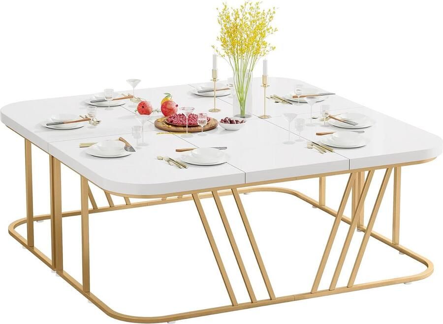Tribesigns Keukentafel Eettafel 160 x 80 x 75 cm Eetkamertafel Voor 6-8 Personen met Stevige Metalen Poten Modern Design Vintage Wit en goud