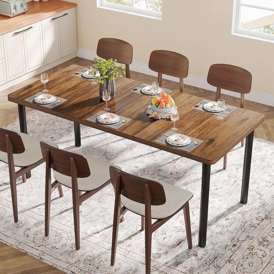 Tribesigns Keukentafel Eettafel 180 x 80 x 77 cm Eetkamertafel met Stevige Metalen Poten Voor 6-8 Personen Industrieel Design Vintage Rustiek Bruin
