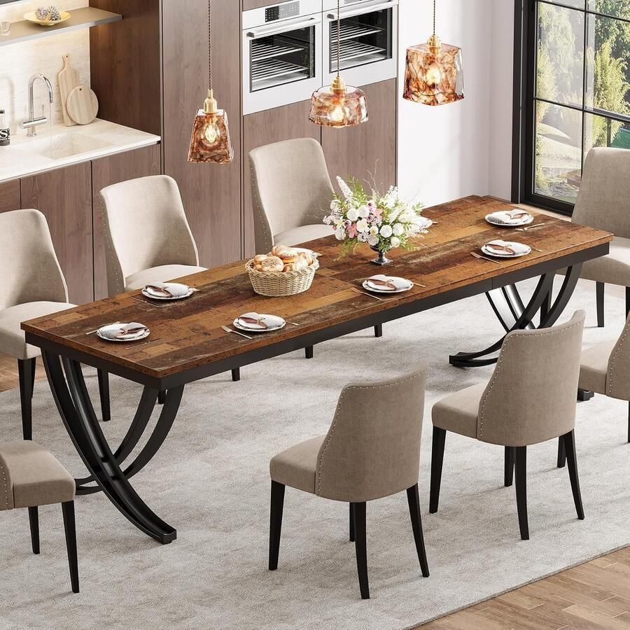 Tribesigns Keukentafel Eettafel 200 x 70 x 75 cm Eetkamertafel Voor 6-8 Personen met Stevige Metalen Poten Industrieel Design Vintage Lichtbruin