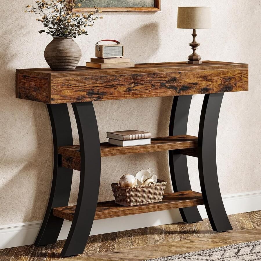 Tribesigns Kleine Consoletafe Sidetable met Planken en Gebogen Frame Rustiek Bruin 105 x 30 x 80 cm Console Tafel voor Hal Woonkamer Entree