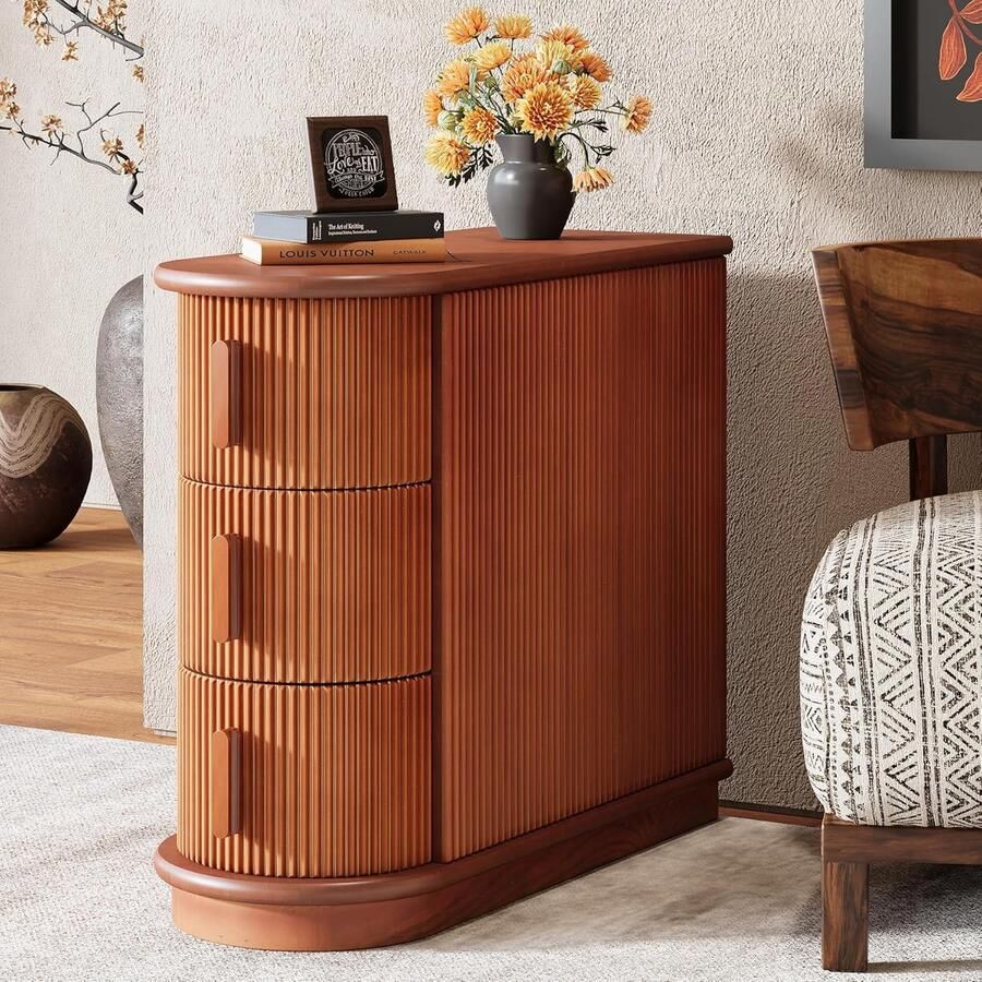 Tribesigns Massief Houten Bijzettafel Moderne Nachtkastje met 3 Laden Smalle Stoel Salontafel Slank Nachtkastje voor Woonkamer Slaapkamer Walnoot