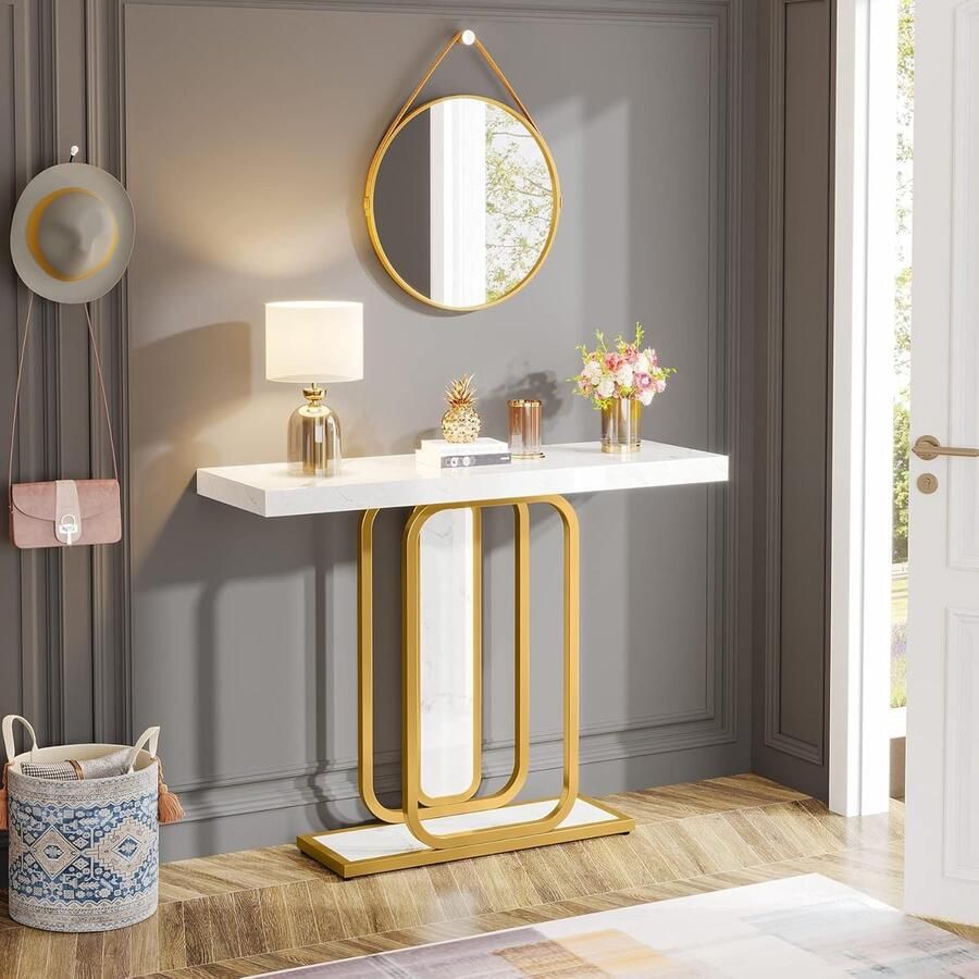 Tribesigns Modern Console Tafel Dressoirtafel Met Geometrische Metalen Poten Bijzettafel Nep-Marmer Metaal Wit Goud 35 x 105 x 80 cm