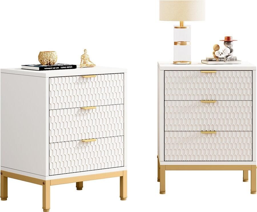 Tribesigns Nachtkastje 2 st Houten Nachtkastjes Nachtkastje met 3 lades Wit en goud Nachtkastjes Modern 40 x 50 x 65.5 cm
