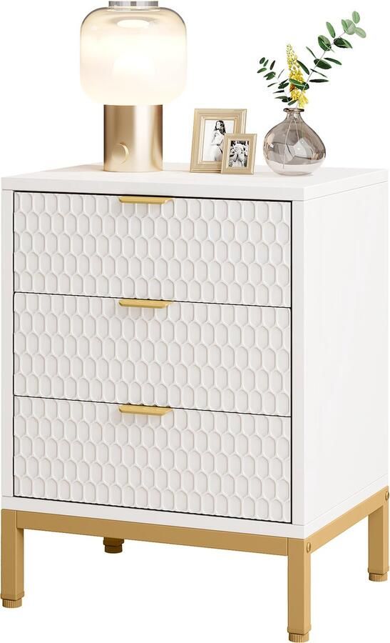 Tribesigns Nachtkastje Houten Nachtkastjes Nachtkastje met 3 lades Wit en goud Nachtkastjes Modern 40 x 50 x 65.5 cm