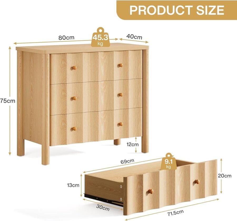 Tribesigns Nachtkastje Nachtkastjes met 3 Lades 80 x 40 x 75 cm Nachtkast met Golvende Voorkant voor Slaapkamer Woonkamer Licht Eikenkleurig