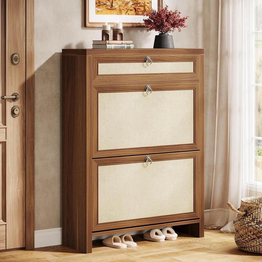 Tribesigns Praktisch Schoenenkast met 2 Klapladen Schoenenrek met Verstelbare Planken Schoenenkast Industrieel Hout 80 x 24 x 110cm Bruin