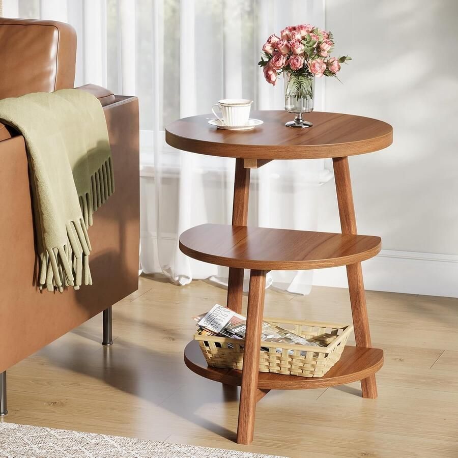 Tribesigns Ronde Bijzettafel 50×50×65cm Slanke Bankbijzettafel met Houten Frame en 3 Planken Bruin voor Woonkamer Slaapkamer en Bank