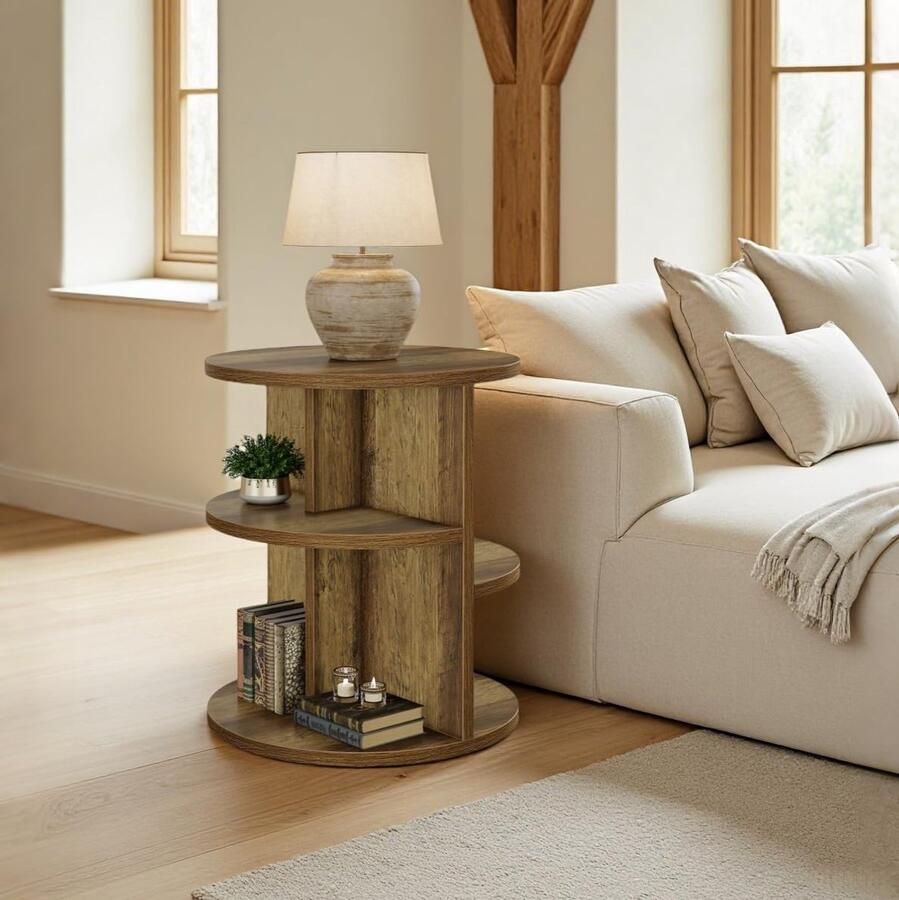 Tribesigns Ronde Bijzettafel Tafel met 3 Niveaus en Opbergruimte Landhuisnachtkastje Bijzettafel- Tafel Sidetable voor Woonkamer Thuiskantoor 60×60×65 cm Bruin