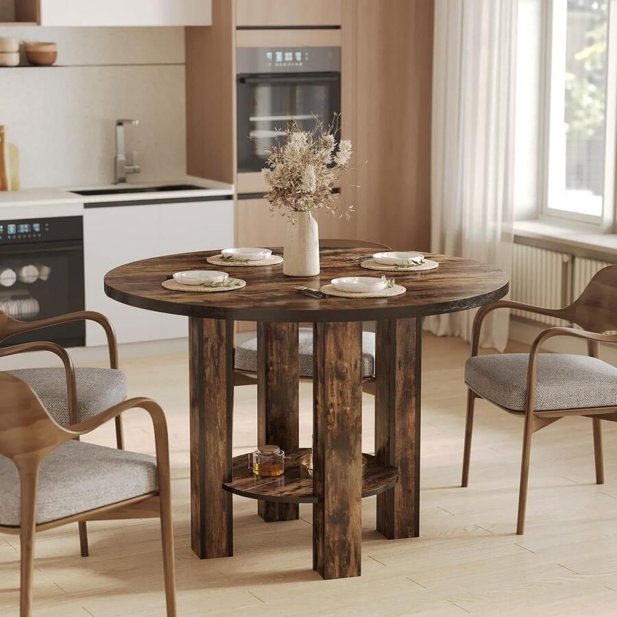 Tribesigns Ronde Eettafel Keukentafel met Opbergrek Houten Poten 100 X 100 x 75 cm Eetkamertafel Voor 4 Personen voor Thuis Eetkamer Woonkamer Rustiek Bruin