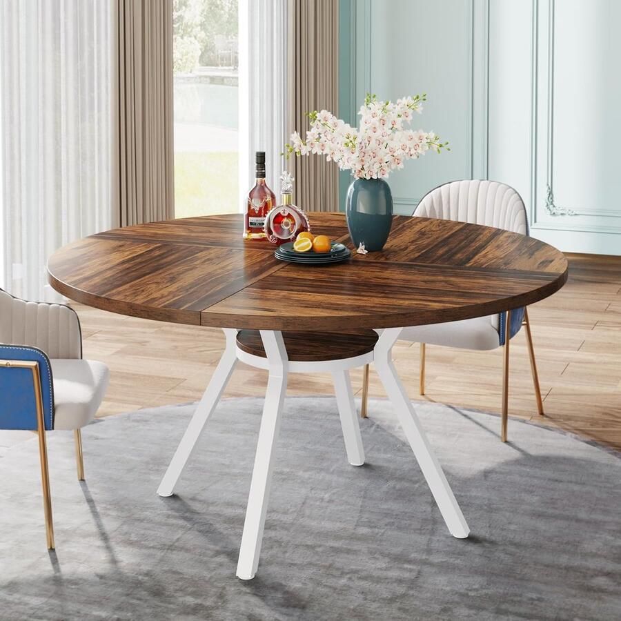 Tribesigns Ronde Eettafel Keukentafel met Opbergvak 120 X 120 X 75 cm Eetkamertafel Voor 4 Personen met Metalen Onderstel Industrieel Design Rustiek Brown