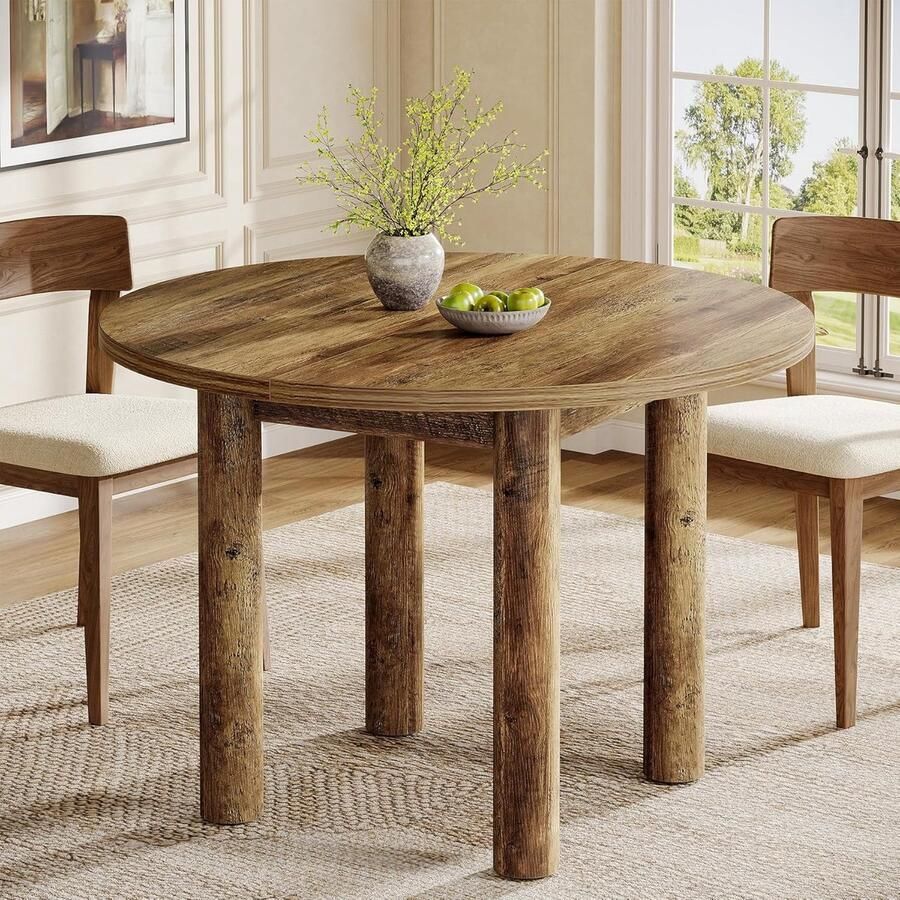 Tribesigns Ronde Eettafel voor 4 Personen Landelijke Keukentafel met Stevige Poten Bruin 100 x 100 x 77.5 cm voor Keuken Eetkamer Woonkamer Eenvoudige Montage