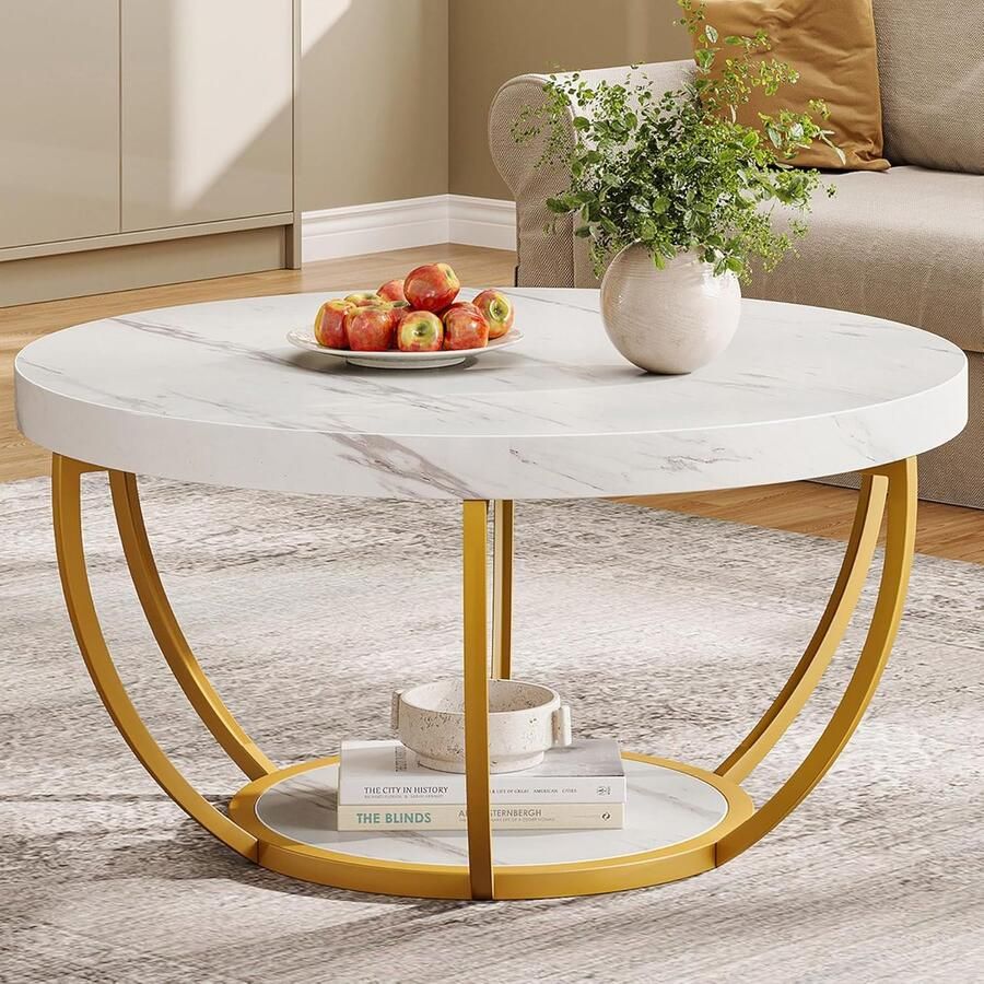 Tribesigns Ronde Salontafel 80×80×45 CM 2 Tier Salontafel met Wit Marmer en Gouden Metalen Poten Wit en Goud Voor Woonkamers Thuiskantoor Moderne